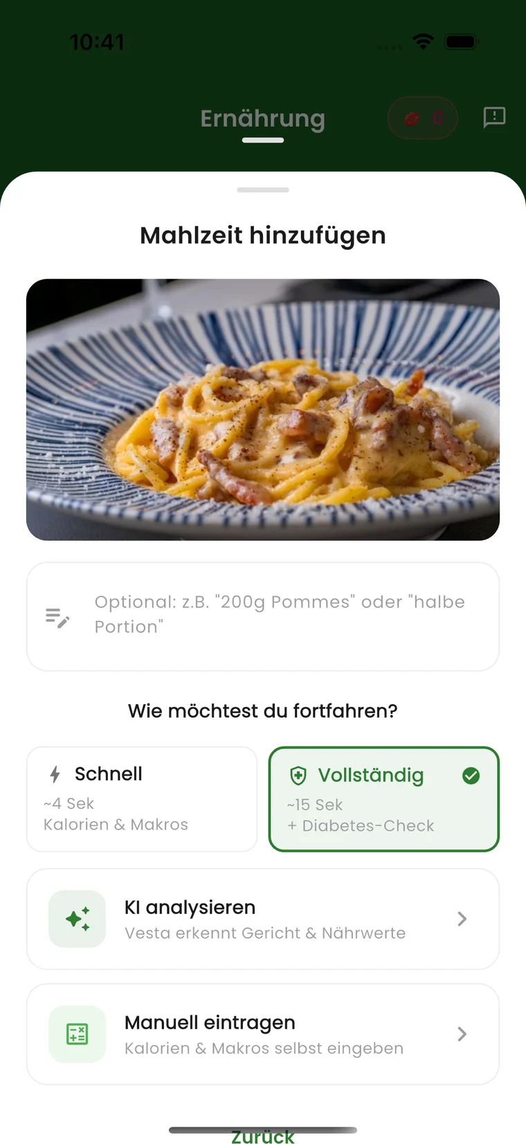 Vesta-App: Auswahl der Analysetiefe. Die Karte „Vollständig“ nennt rund 15 Sekunden und darunter „+ Diabetes-Check“.