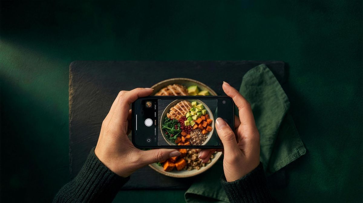 Frau fotografiert eine gesunde Bowl mit dem Smartphone, um Kalorien zu tracken
